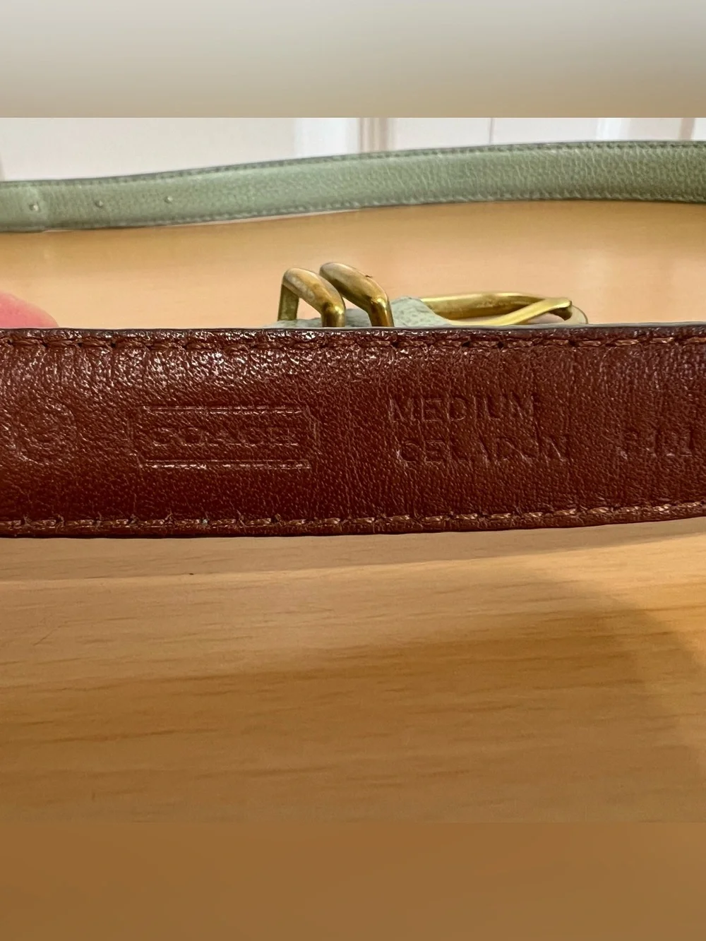 Coach Women’s Light Green Slim Leather Belt Solid Brass Buckle Italy Size Medium